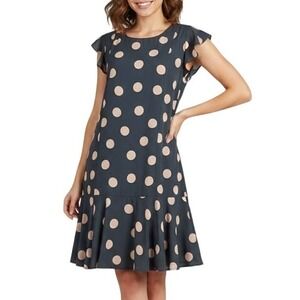 LOFT Sz Med Polka Dot Flutter Sleeve Flounce Dress Ruffle Hem Women's Gray Pink